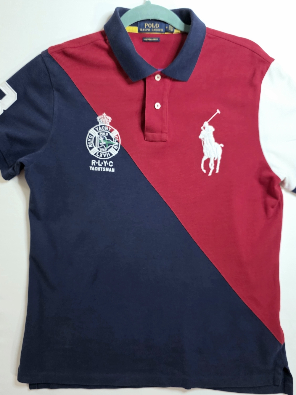 Polo by Ralph Lauren Men's Red & Navy Diagonal Patch Polo Shirt-Size M